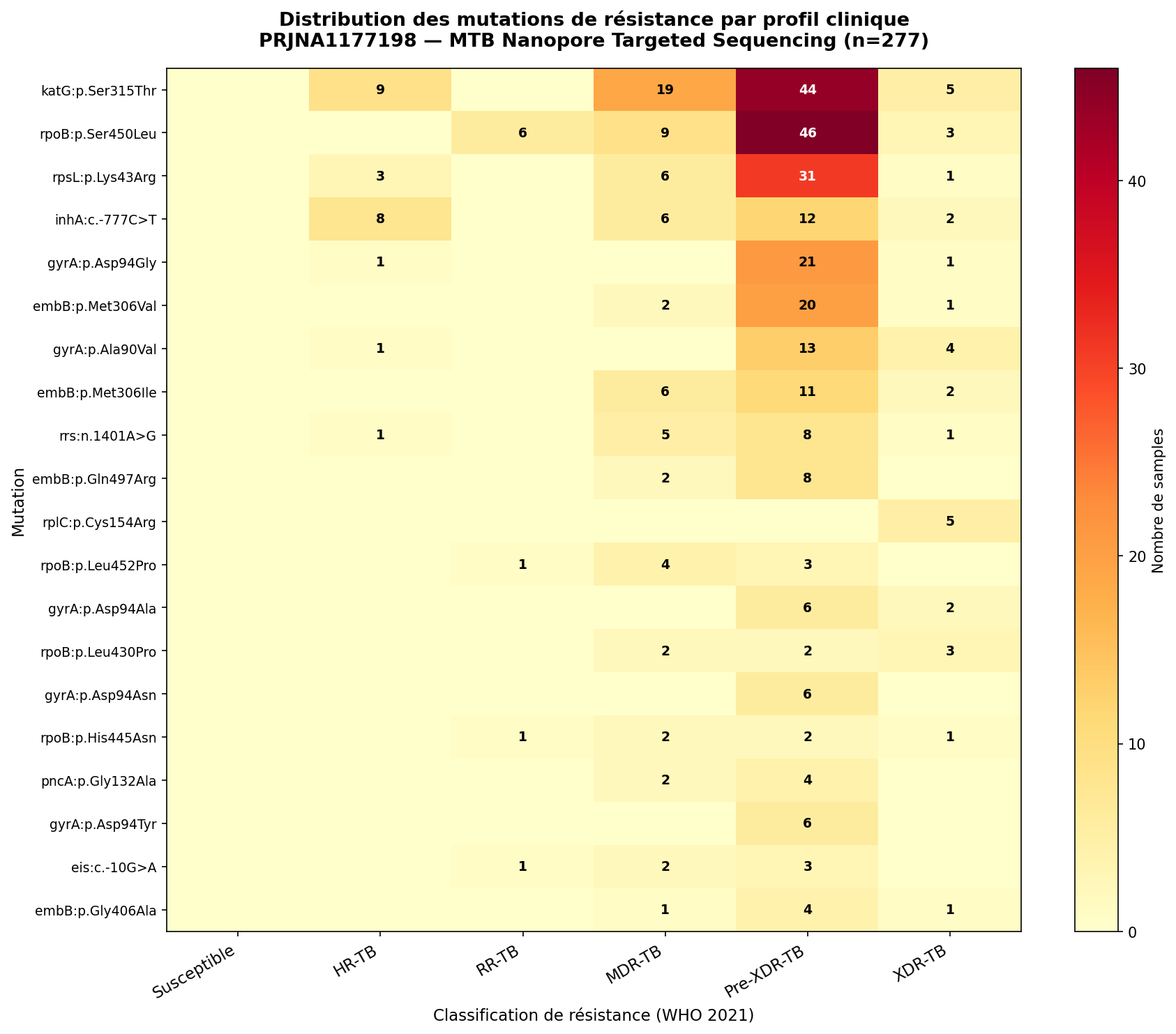 Distribution des 20 mutations de résistance les plus fréquentes selon la classification OMS 2021